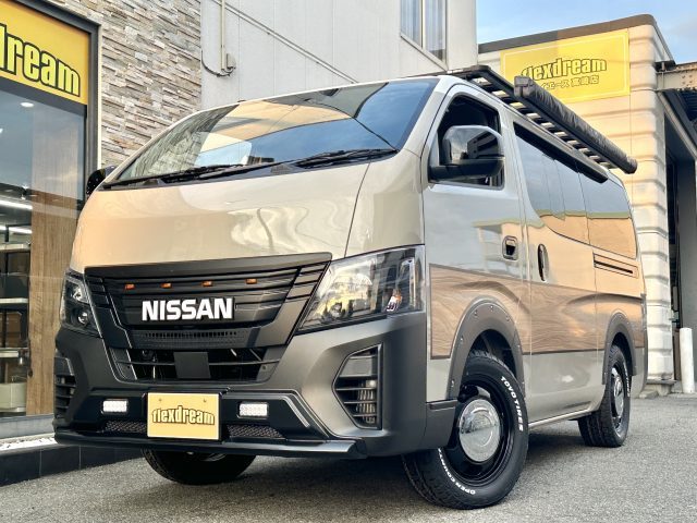 ALL関東キャンピングカーフェア-Ｇメッセ群馬-キャラバン-マイルーム-車中泊仕様-NISSAN文字ロゴグリル-FDバンパープロテクター-ヘッドランプインナーブラック加工-flexdream